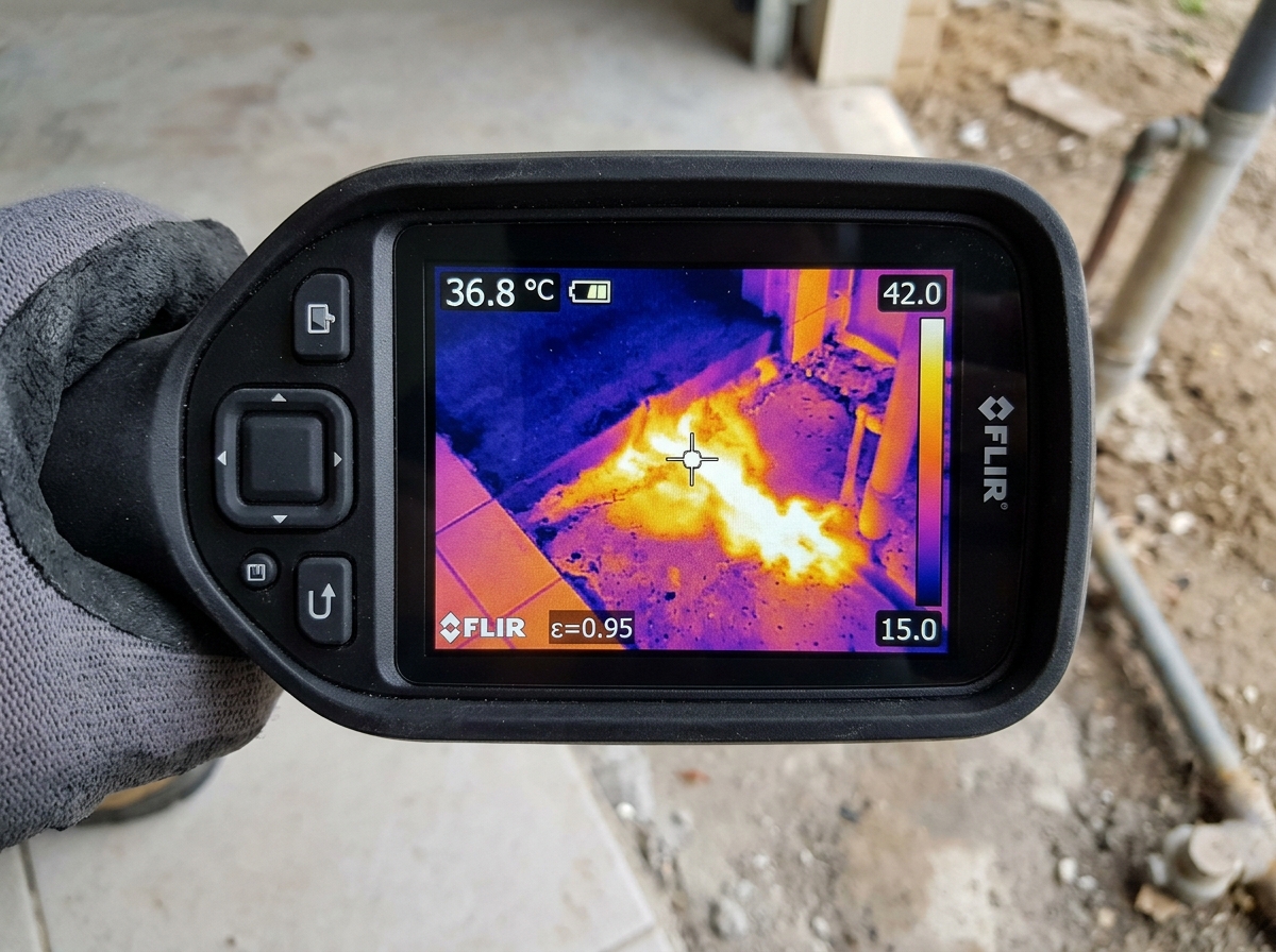 Thermal imaging displaying hot water line leak under concrete slab in Deltona FL home